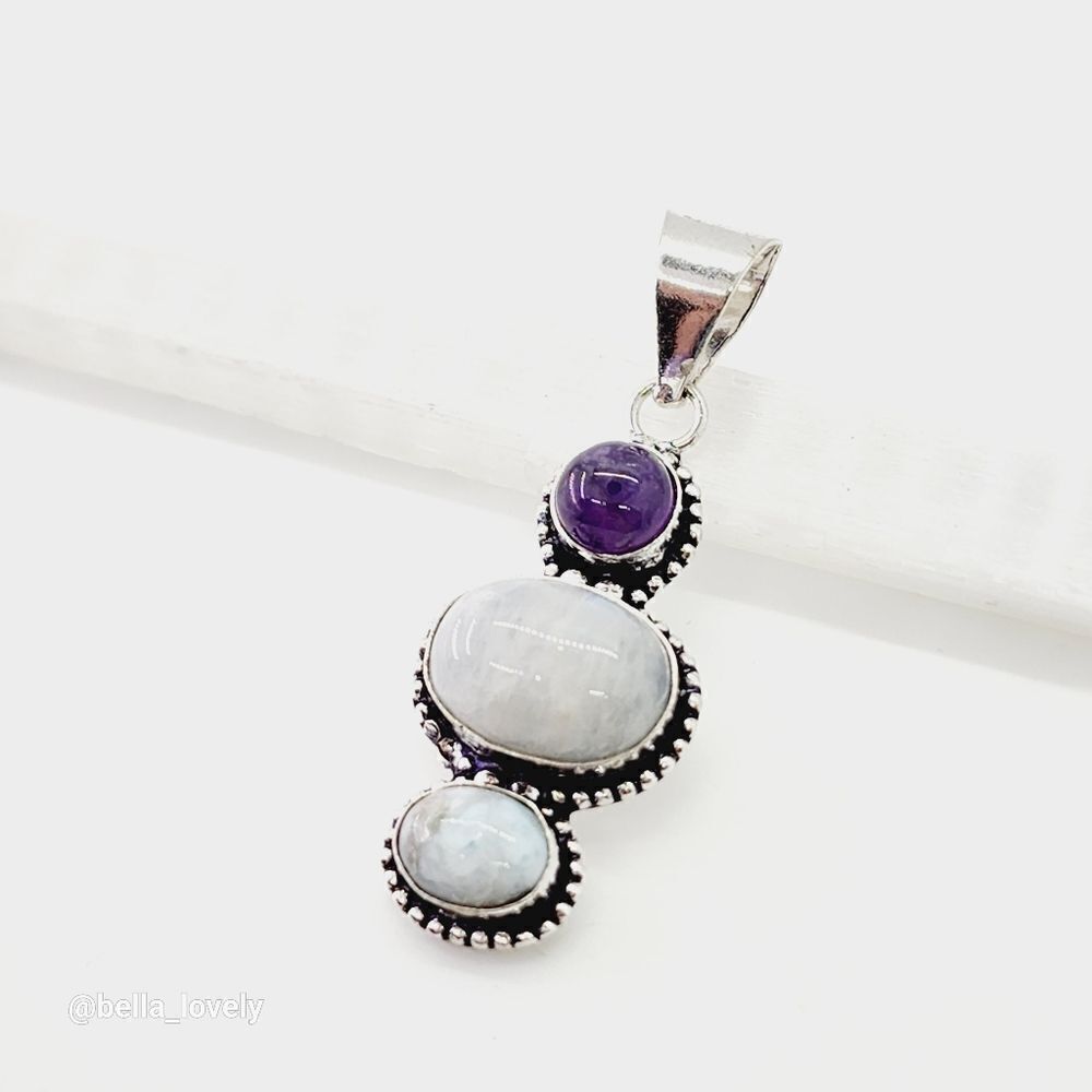Rainbow Moonstone Amethyst Larimar 925 Silver Plated Long Pendant 2" Handcrafted